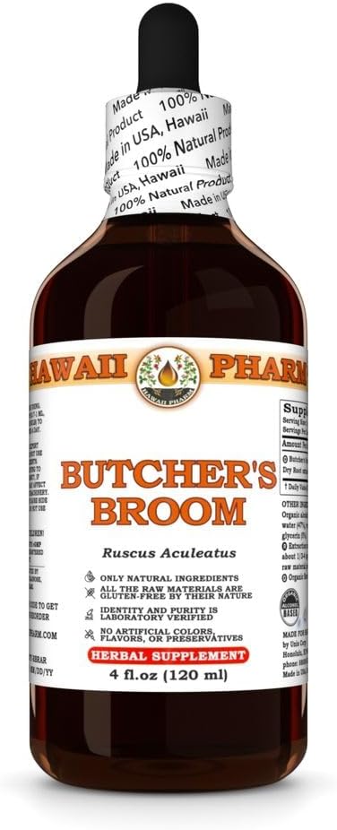 Hawaii Pharm Butcher's Broom Extract, Tincture for Circulatory Support, Promuove il comfort, Riduce il gonfiore, Facilità Lightheadedness, Supports Balance & Stability - 4 fl.oz