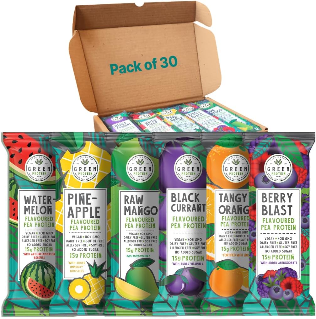 GreenProtein | Vegan Pflanze Pea Protein Isolate Pulver | Milch, Gluten Allergen & Soy kostenlos, kein hinzugefügter Zucker | Ananas, schwarze Johannisbeere, Berry Blast, Wassermelone, Raw Mango & Orange | Pack von 30
