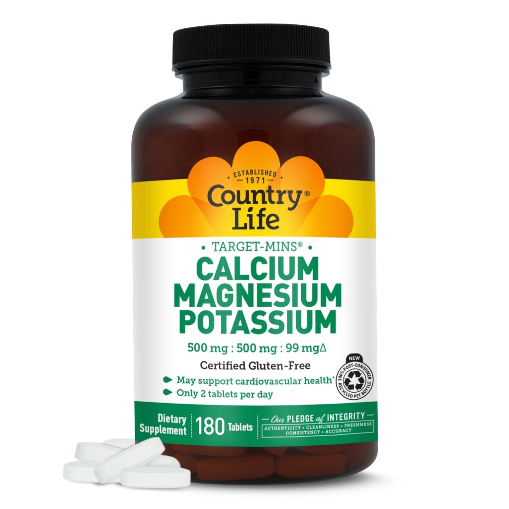 Country Life Target Mins - Calcium Magnesium Potassium Bone & Heart Health Supplement, 1000mg Calcium, 500mg Magnesio, Supporta l'utilizzo del calcio, 180 Compresse – Certificato Gluten Free & Vegan