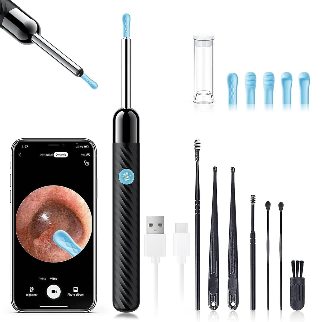 Ear Wax Entfernung - Earwax Remover Tool mit 8 Stück Ohr Set - Ear Canal Cleaner mit 1080P Kamera - FSA HSA Eligible - Ohr Reinigungsset mit 6 Ohr Spoon - Ohr Kamera für iOS & Android (Schwarz)