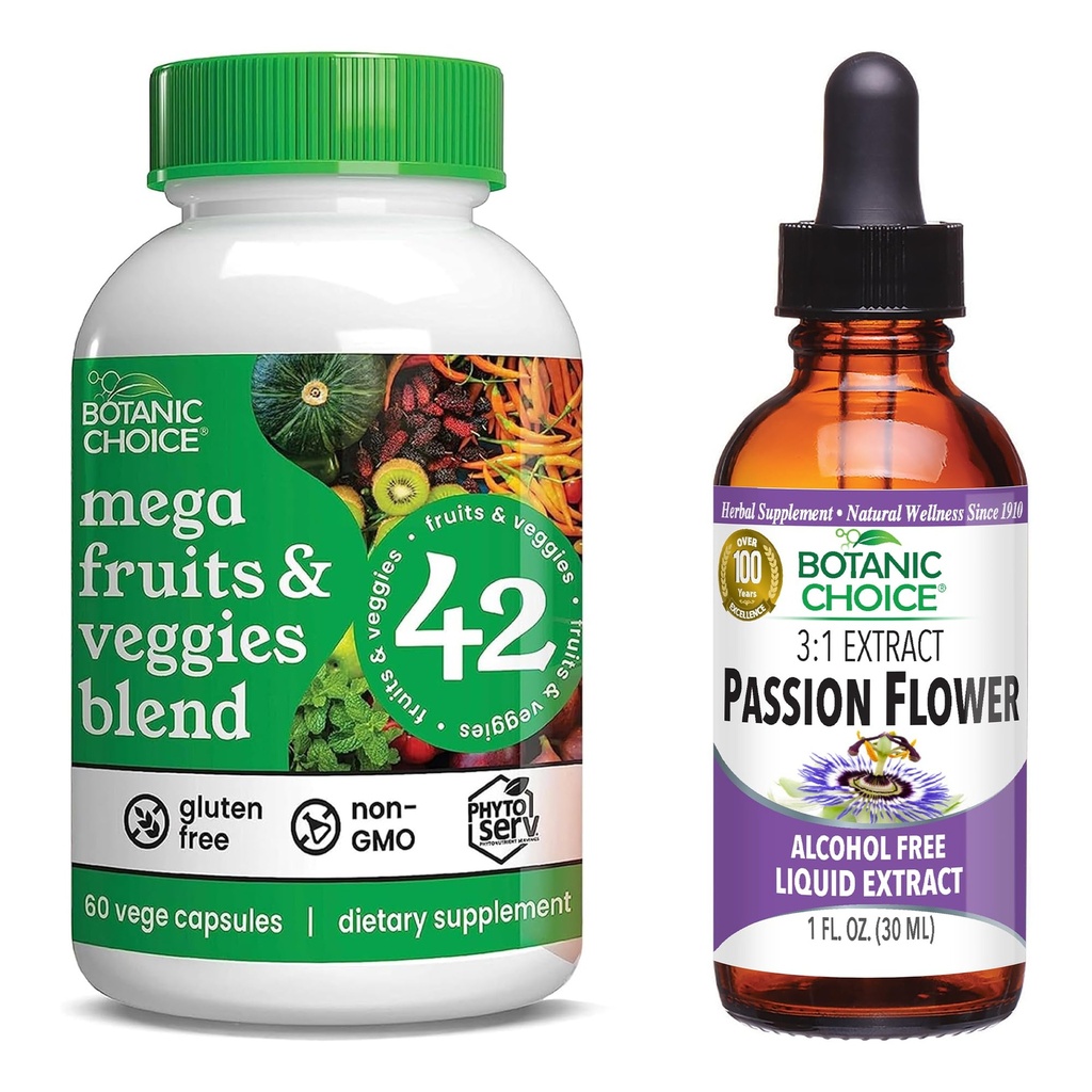 Botanic Choice Mega Fruits and Veggies Blend (60 capsule) + Passion Flower Extract (1 fl oz) Bundle - Energy Balance & Superfood Supplement + Relax Support