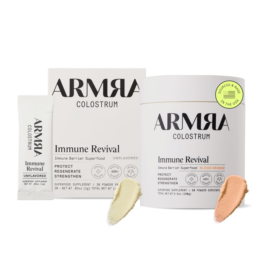 ARMRA ColostrumTM Polvere Premium, erba Fed, Gut salute Bloating Immunity Skin & Hair, contiene 400+ Nutrienti Bioattivi, Potente Biodisponibile, Keto, Gluten & Fat Free (Unflavored 30|Blood Orange 90)