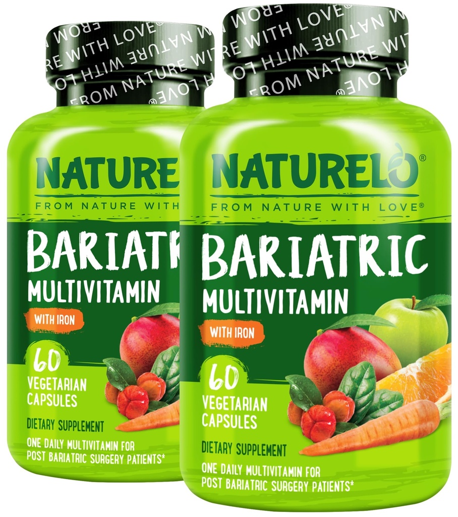 NATURELO Bariatric Multivitamin - Un Quotidiano con Ferro - Supplemento per Pazienti di Chirurgia Post Gastrica Bypass - Natural Whole Food Nutrition - 60 Capsule Veggie (Pack of 2)