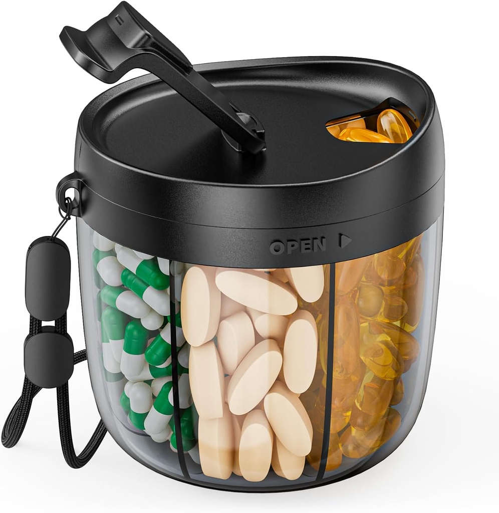 Bouteille de distributeur de pilules portable PULIV, Organisateur de vitamines avec 7 compartiments, tient de nombreux suppléments avec conception anti-mixante et large ouvertures, facile à récupérer Meds, comprend 20 Pcs étiquettes collantes