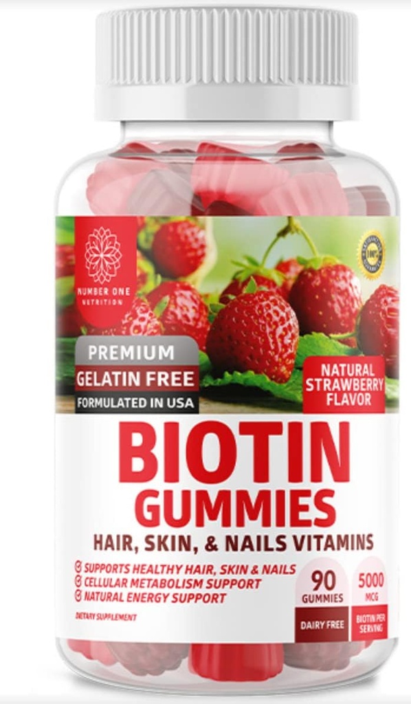 Nutrizione Uno Nutrizione N1N Premium Biotin Gummies 5000mcg [High Potency, 90 Gummies] per capelli sani, pelle e unghie per adulti e bambini, Vegan, Non OGM, Pectin Based