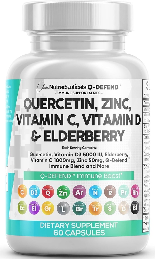 Q Verteidigen Quercetin-Ergänzung mit Zink-Vitamin-C-Vitamin-D-Elternbeeren Kurkuma Schwarzer Pfeffer Knoblauch-Ingwer-Meer Moss Lysin-Stinging Nettle Reishi Pilz Immune Support 60 Kapseln von Clean Nutra