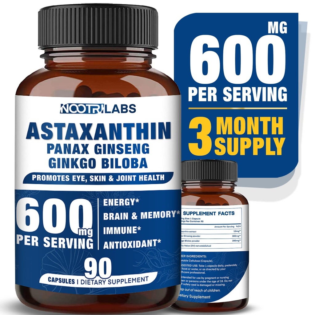 Astaxanthin 15mg + Panax Ginseng, Ginkgo Biloba Suppléments, 90 Capsules Vegan, favorise l'énergie pour la santé des yeux, le soutien cardiovasculaire + défense immunitaire et focus