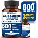 Astaxanthin 15mg + Panax Ginseng, Ginkgo Biloba Suppléments, 90 Capsules Vegan, favorise l'énergie pour la santé des yeux, le soutien cardiovasculaire + défense immunitaire et focus