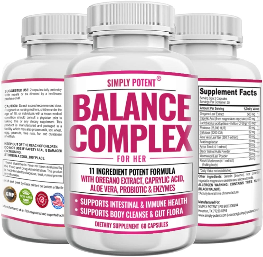 Balance Complex per le donne, Candida Cleanse & Vaginal Health Integratore alimentare, Formula naturale con Oregano, Acido Caprylic, Aloe, Probiotici e enzimi per Gut & Immune Health Support, 60 Capsule