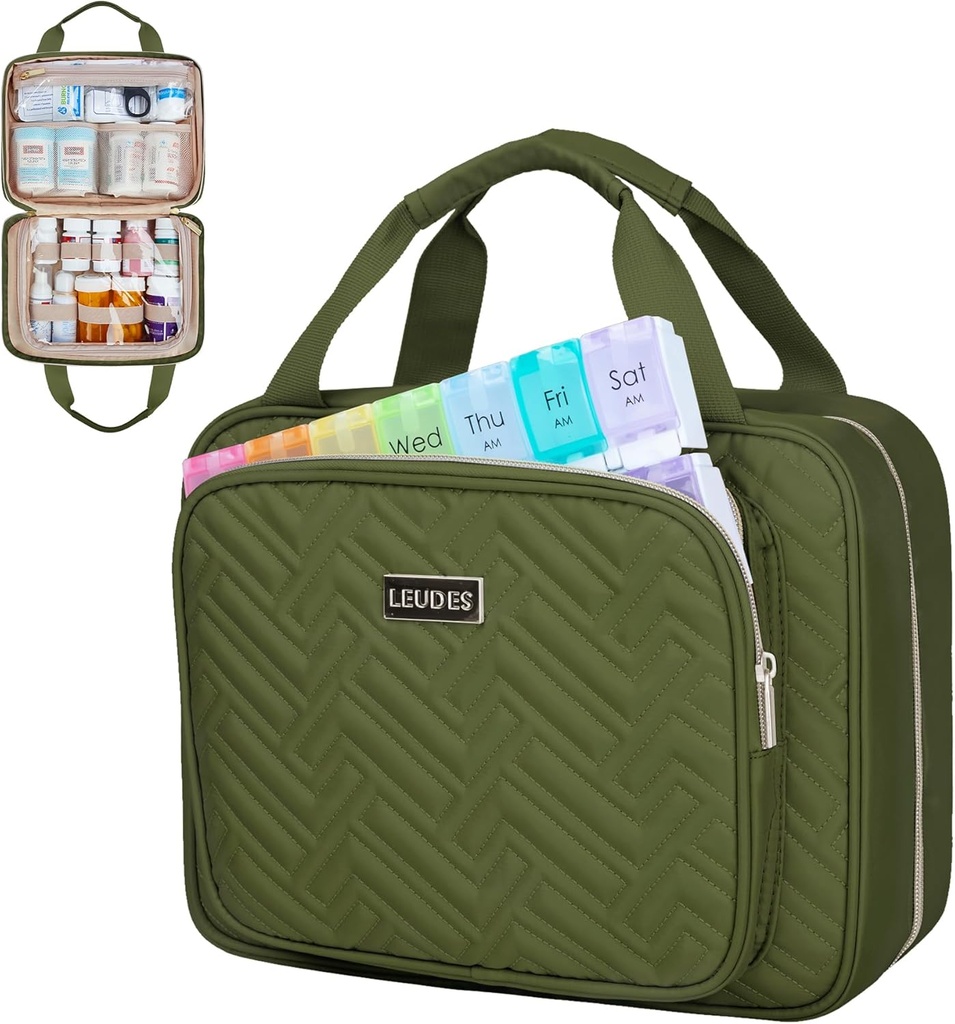 Leudes Travel Pill Bottiglia Organizzatore,Organizzatore di medicina e stoccaggio,Borsa di farmacia domestica, Case,Carrier per Pillole,Vitamina, Olio di pesce,Supplementi per donne e uomini (Medio, Verde militare)