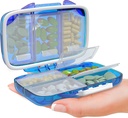 Travel Pill Organizer - Moisture Proof Portable Vitamin Holder with 7 Compartments, Compact Supplement Case for Purse Essential Medicine Kit fot Traveling Pocket Pharmacy with Labels, Blue