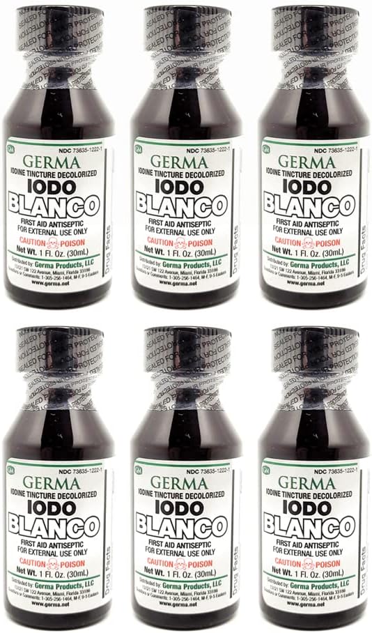 Germa White Iodine Tincture. First Aid Antiseptic. für Minor Scrapes, Cuts, Bruises und Burns. Verhindert Hautinfektion. 1 Unze. Pack von 6