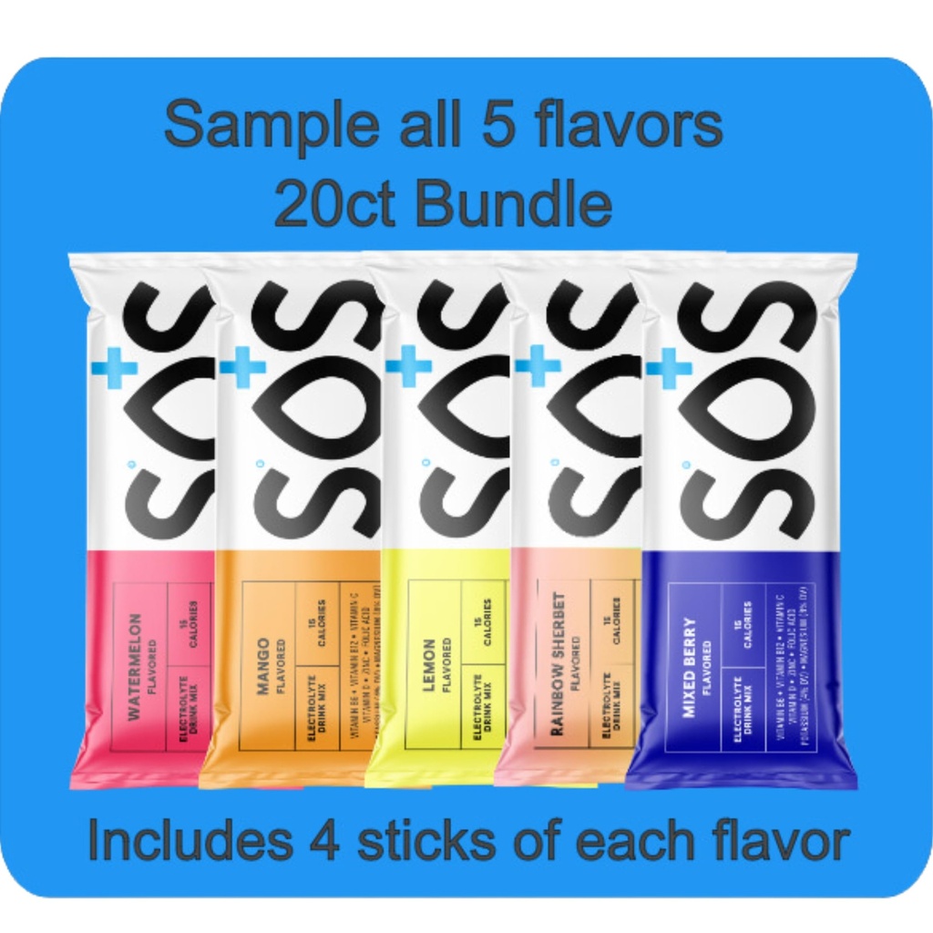 SOS Hydration, Electrolyte Powder Packets – Low-Calorie, Low Sugar, Rapid Rehydration, Made in USA, Keto & Vegan Friendly 5-Flavor Variety Pack, 20 Stick