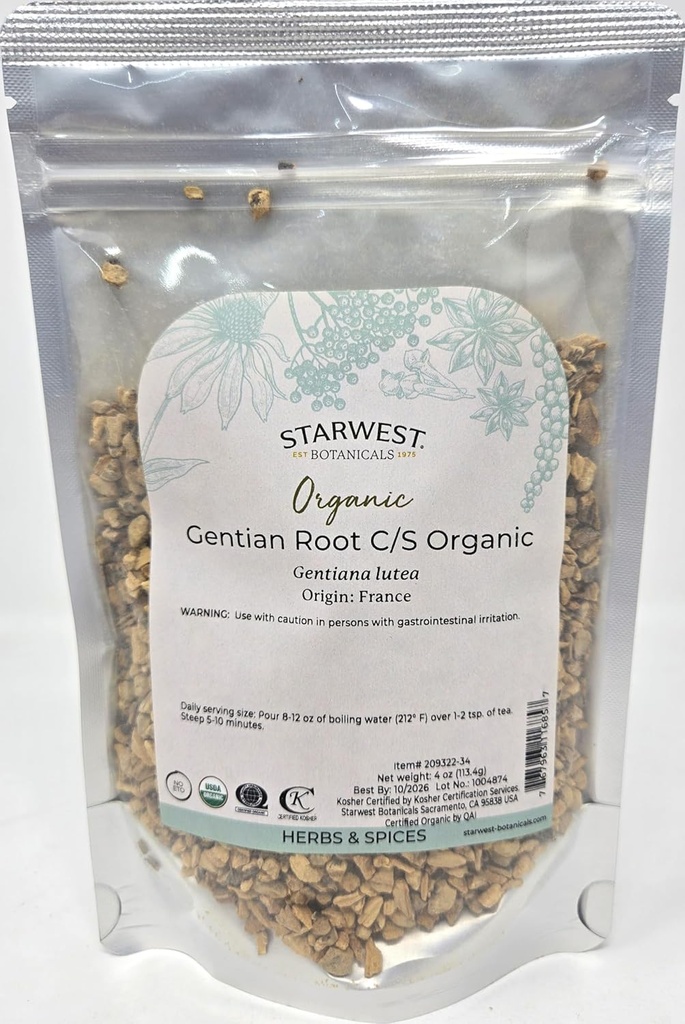 Starwest Botanicals Organic Gentian Root C/S, 4 Onces