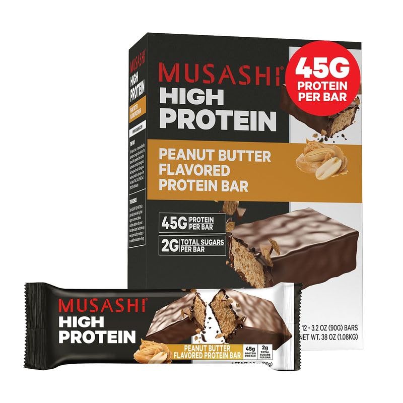 MUSASHI High Protein Bar, 45g Protein, 2g Gesamtzucker, Peanut Butter & Milk Chocolate Coated, Post Workout und Protein Snack On The Go, 12 Pack of 3.2oz (90g) Bars