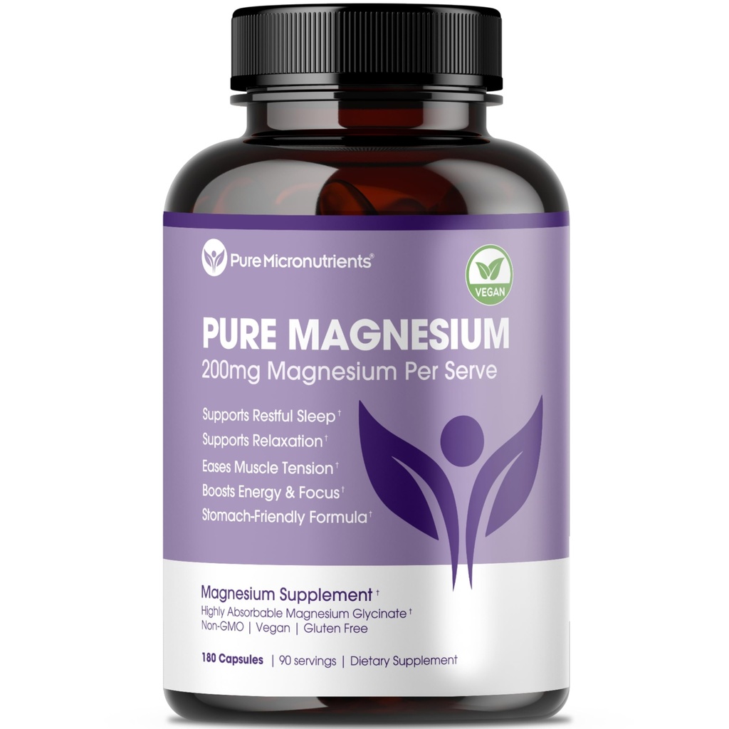 Pure Magnesium Glycinate Supplement – Highly Absorbable Chelat Magnesium Schlaf zu unterstützen, Muskel & Nerve Gesundheit, Energie, Entspannung & Knochen Gesundheit – 200 mg pro Servierung, 180 Kapseln