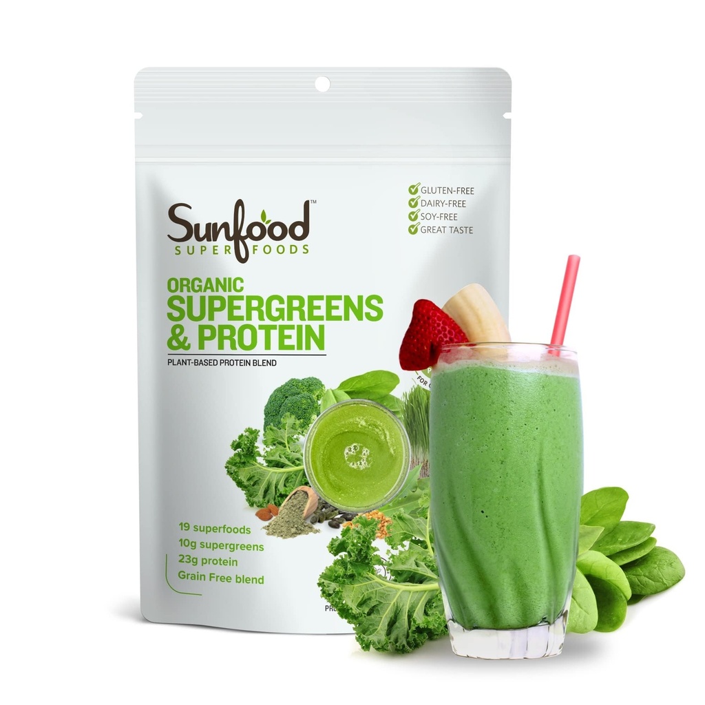 Sunfood Bio Supergreens & Protein - Greens Superfood Poudre, Protéines organiques Poudre, Protéines végétales à base de plantes, Super Greens pour la santé de Gut w/Chlorella & Spiruline, 23g Protéines par portion - 8 oz