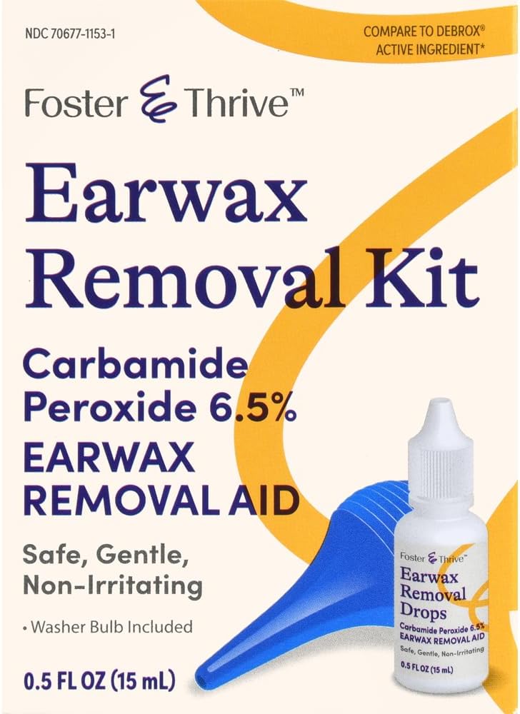 Foster & Thrive Earwax Removal Kit, Softens & Loosens Excess Earwax, Safe, Gentle and Non-Irritating, Carbamid Peroxid 6,5%, Includes Drops and Ear Syringe Bulb, 0.5 Oz