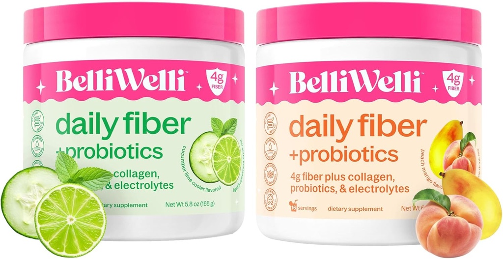Daily Fiber Supplement Bundle mit Collagen, Probiotics, Elektrolyte & Hydration Support - Cucumber Lime Mint & Peach Mango Flavors - Fördert Verdauungs-, Hautgesundheit, Gut Balance - 32 Portionen
