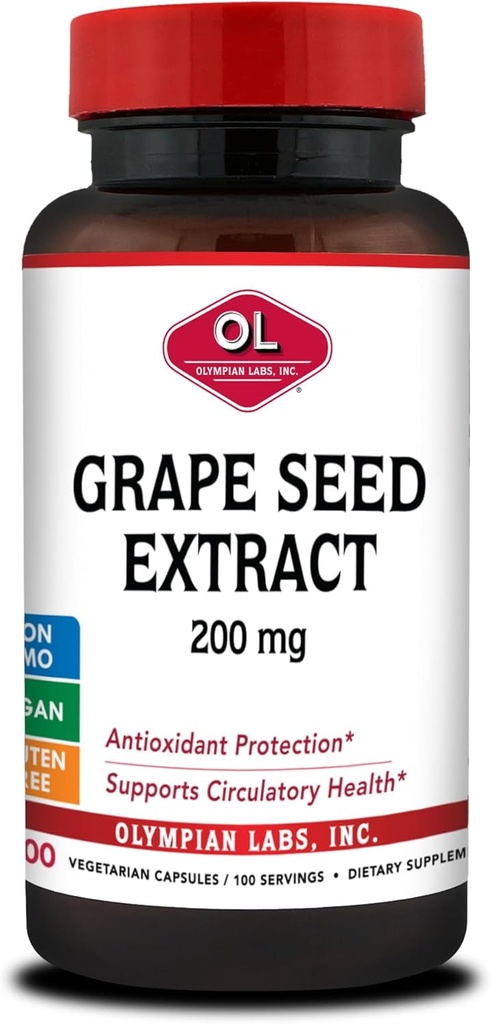 Estratto di semi di semi di uva olimpici - 200 mg - 100 capsule vegetali che supportano la salute del cuore, la protezione antiossidante.
