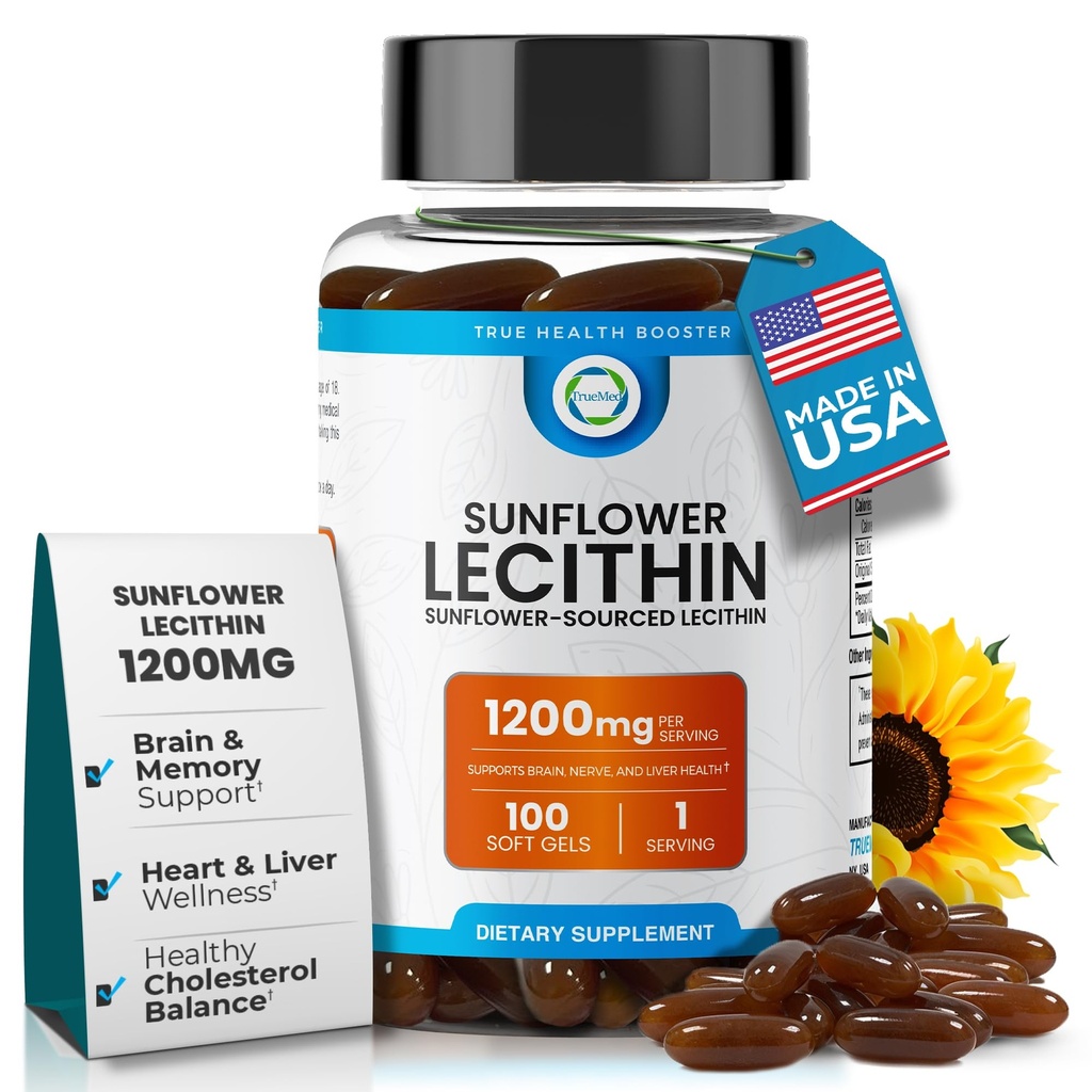 Lécithine de tournesol 1200 MG 100 Softgels, 100 jours d'approvisionnement garanti Pure, non-OGM, sans soja, soutient le cerveau, le cœur, le nerf, la santé du foie, la fonction cognitive, le cholestérol sain, formule d'absorption élevée