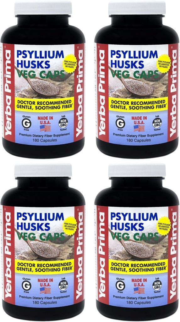 Yerba Prima Psyllium Husks Veg Caps - 180 Count (Pack von 4) - Vegan, Non-GMO, Glutenfrei, Colon Cleanser, Tägliche Faserergänzung für Gut Health & Regularity