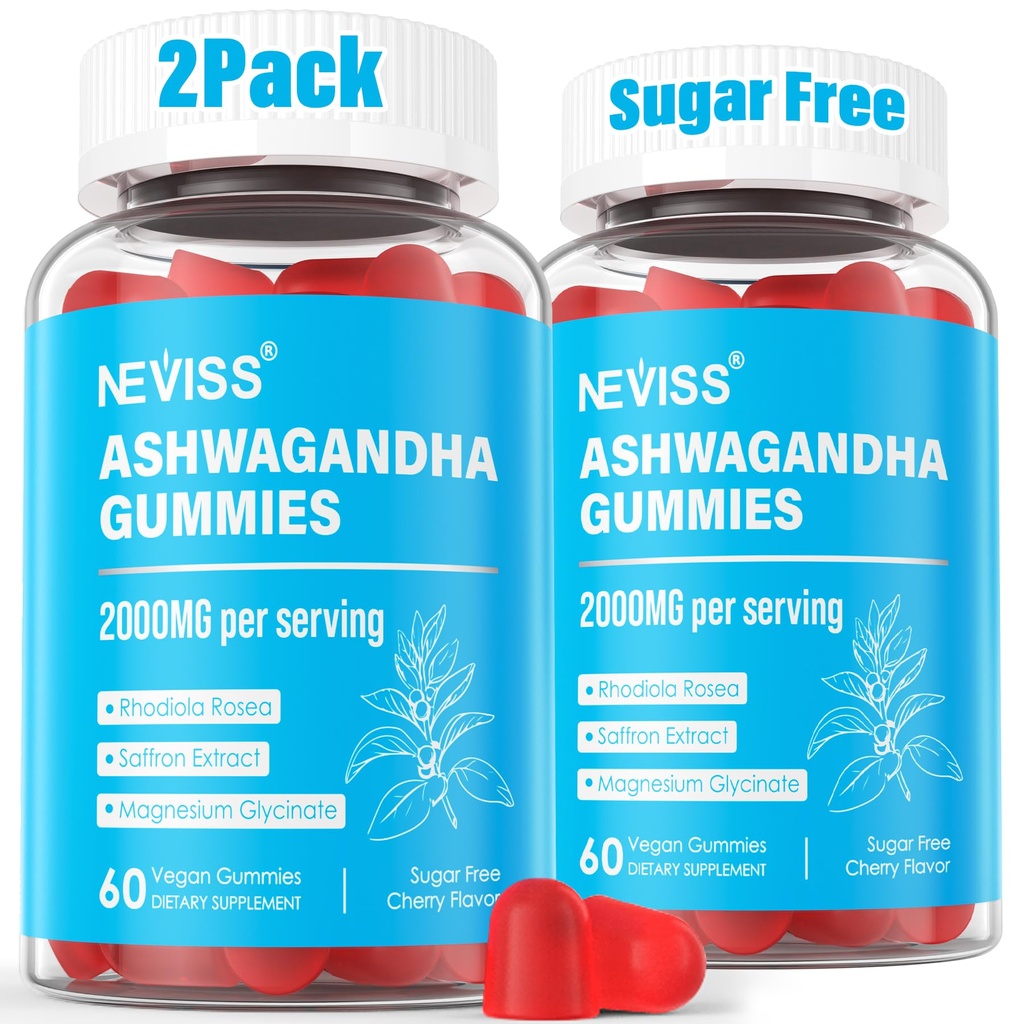 Ashwagandha Gummies, Magnesium Glycinate Gummies 2000mg für Erwachsene, Vitamin B6, Zink, Rhodiola Rosea, Zitronenbalsam, Entspannungsunterstützung, Natürliche Zzz, Gehirn, Muskel, Stamina, Energie, Zuckerfrei