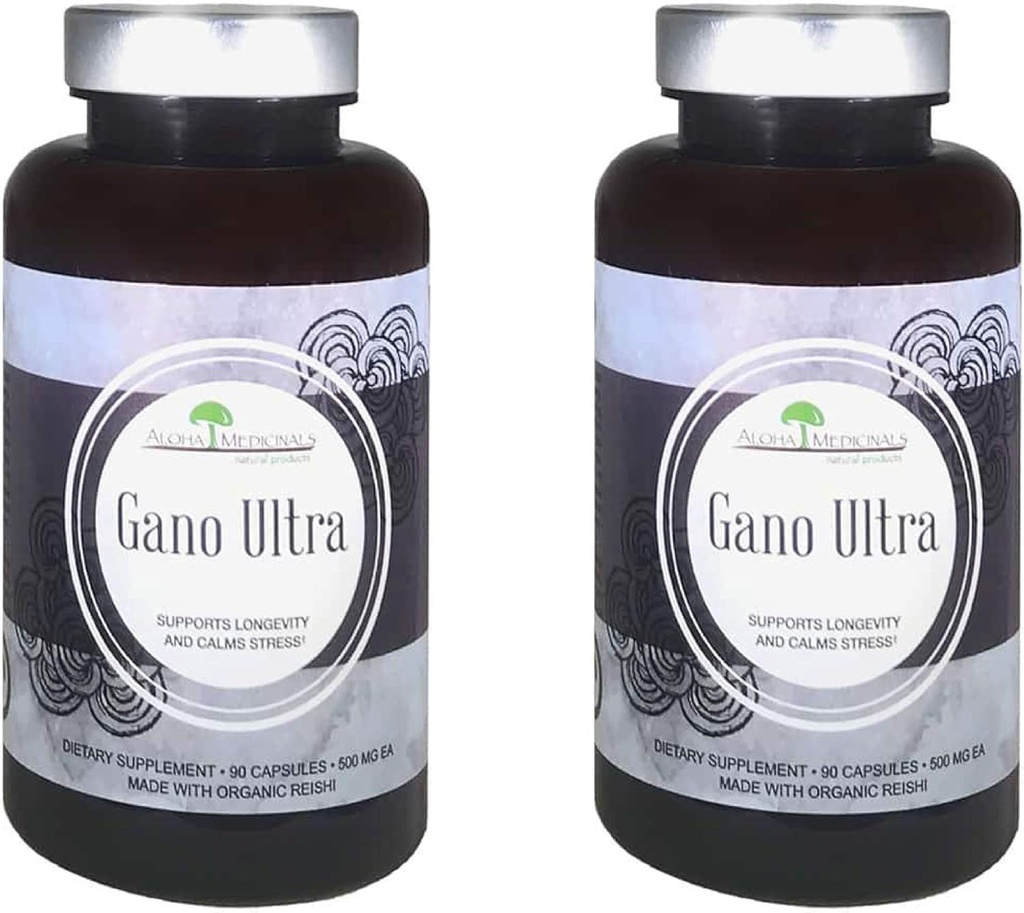 Aloha Medicinali Gano Ultra, Certificato Organic Mushroom Supplement, Natural Health Supplement, Confezione da 2, 90 capsule Ogni