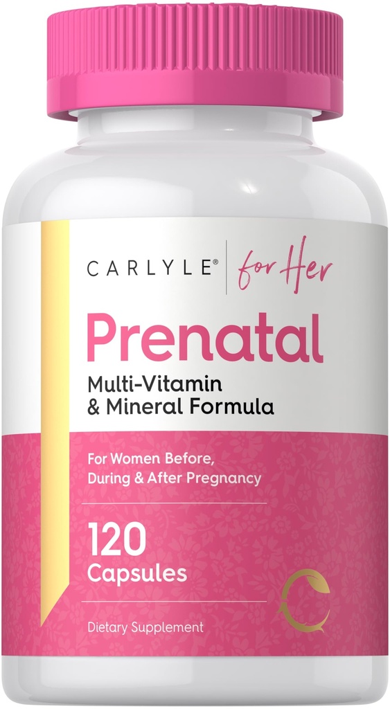 Carlyle Vitamines prénatales pour femmes $ 120 Capsules $ Multivitamine et formule minérale avec acide folique $ Non-OGM et supplément sans gluten $ pour elle