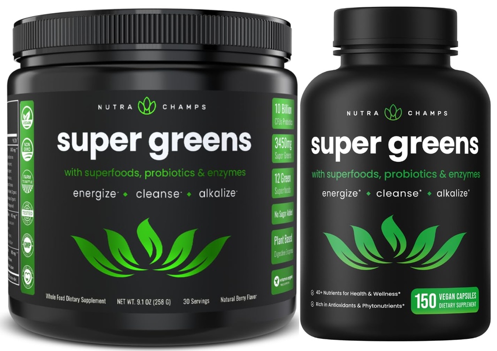 NutraChamps Super Greens Poudre et Super Greens Capsules