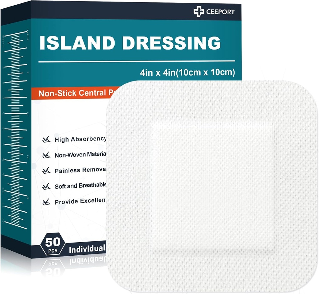 Island Dressing 4"x4", 50 Individuell verpackte Bordered Gauze Pads, 2"x2" Non-Stick Pad im Zentrum mit Kleber Bord, Highly Absorbent Non-Woven Medical Grade Bandages für Wunden, Erste Hilfe