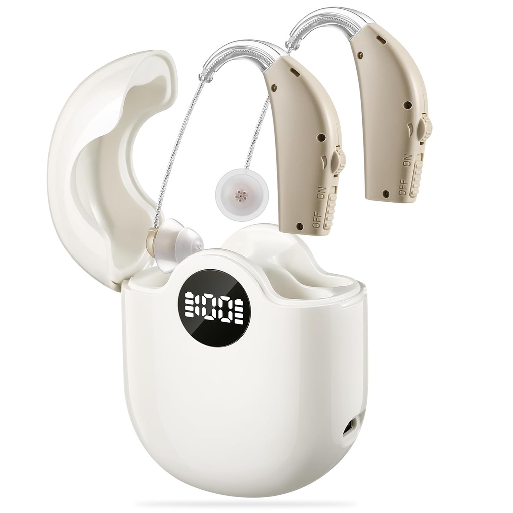 Mise à niveau de l'aide auditive rechargeable avec annulation de bruit et contrôle du volume - Amplificateurs auditifs pour les aînés et les adultes - Cas de charge avec affichage LED