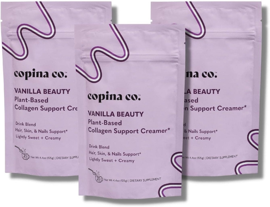 Copina Co. Vanilla Beauty Vegan Collagen Booster Creamer - Plant Based Collagen Support Smoothie Drink Vegan Creamy Blend | Vanilla Flavor | 3 Borse - 25 Serve per Bag