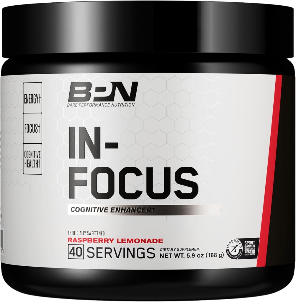 BARE PERFORMANCE NUTRITION, BPN in-Focus Brain Support Supplement, Verbesserung Fokus & Energie, Alpha GPC, Raspberry Lemonade, 40 Portionen