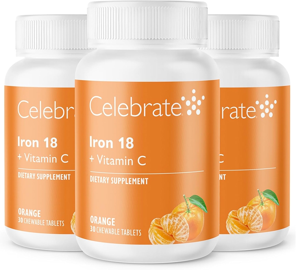 Célébrez le supplément de fer aux vitamines C - 18mg Fer, 36mg Vitamine C, Vitamines bariatriques pour les patients atteints de SDF, Chirurgie verticale et gastrique – Tangerine, 90 comprimés à croquer