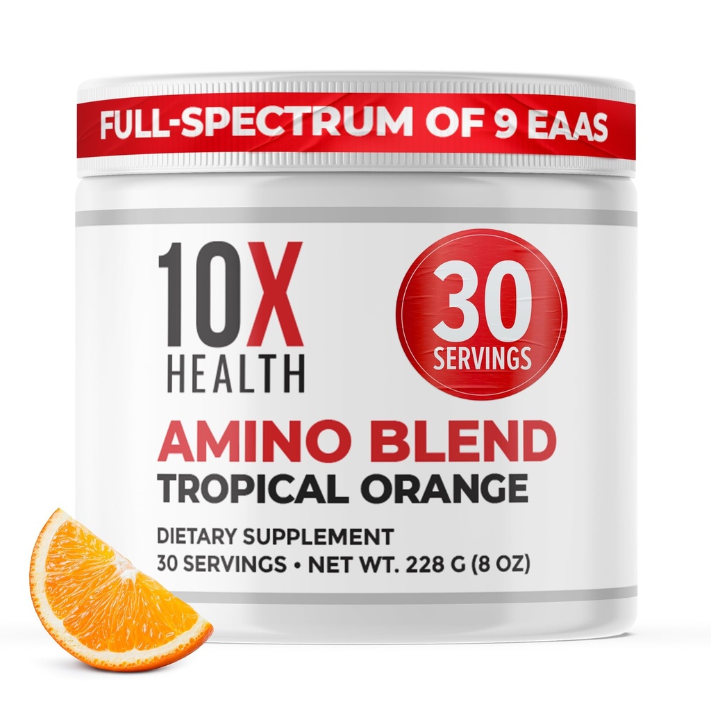 10X Health Amino Acids - 30 Portionen von EAA & BCAA Pulver, Pre Workout BCAA mit essentiellen Aminosäuren Supplement - BCAAs & EAAs für Langlebigkeit, Muskelunterstützung, Stärke, Energie - Tropical Orange
