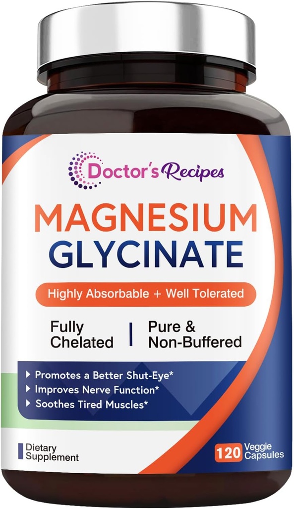 Ricette del medico Magnesio Glycinate, Chelati & Non Buffered, Altamente Assorbibile, Per Bambini & Adulti, Per Rilassamento & Sonno, Non OGM, 120 Vegan Caps