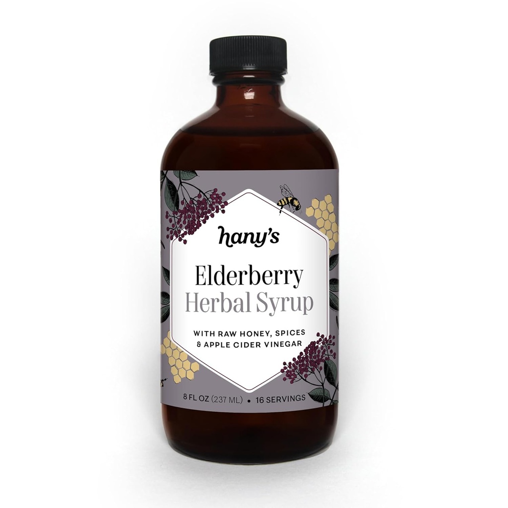 Hany's Harvest Elderberry Kräutersirup – 8 fl oz | All-Natural Wellness Tonic, Apfel Apfelessig, Raw Honey & Elderberry | Non-GMO, Gluten-Free, Handcrafted