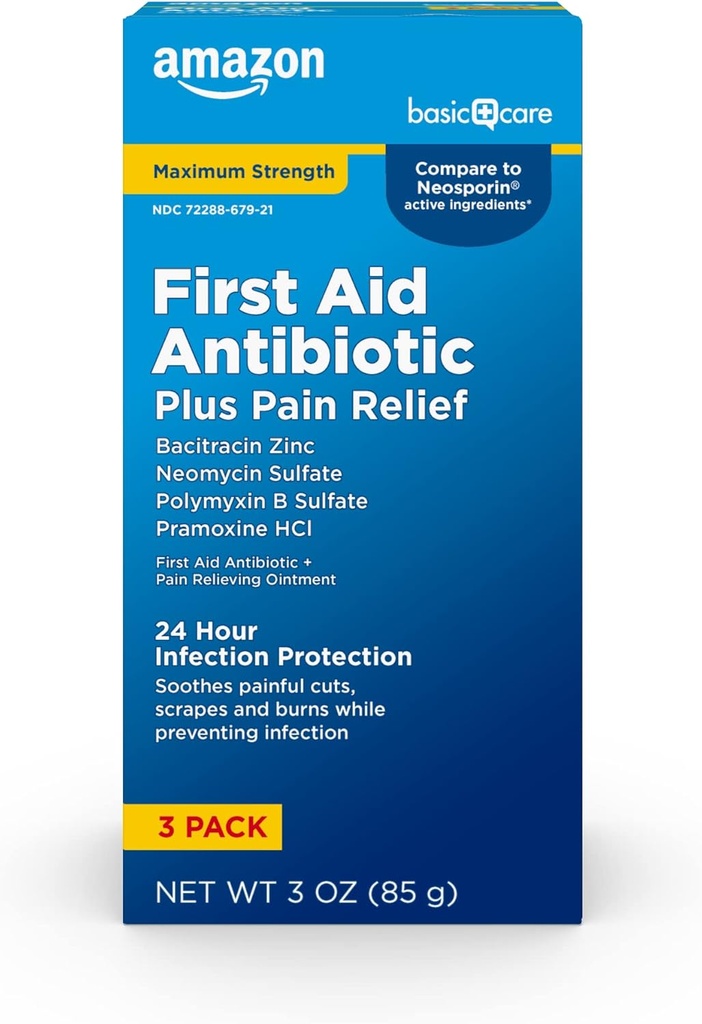 Soins de base Force maximale Premiers soins Onguent triple antibiotique, soulagement de la douleur pour les coupures mineures, les éclats et les brûlures, 3 onces (paquet de 1)