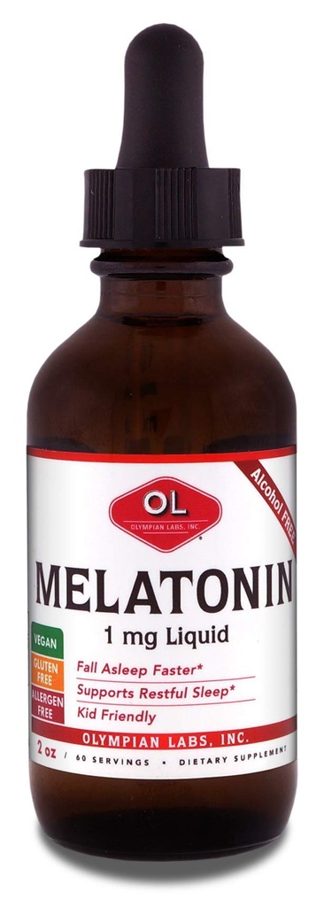 Melatonina liquida dei laboratori dell'Olympian 1mg, 2 Ounce, Asleep della caduta naturalmente, alcool libero