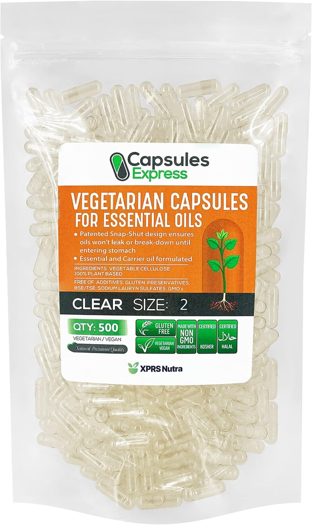 XPRS Nutra Größe 2 Leere Vegan Kapseln - 500 Count klar Veggie Kapseln für ätherische Öle - Leere Gemüse Kapseln für ätherische Öle - DIY Pillen Füllung