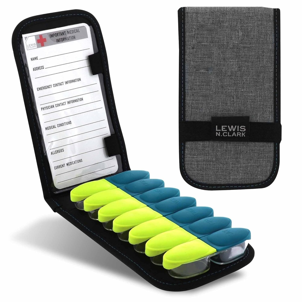 Lewis N. Clark Magnetic Folding Pill Organizer Supplement Case for OTC Medicine, Prescription Vitamines - 14 Fentes, Gris/Noir (B779)