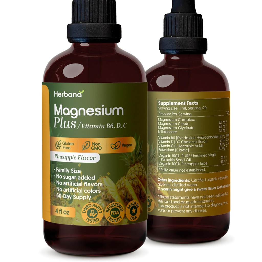 Magnesium Plus Ananas Flavor - Magnesium Citrat, Glycinat/L-Threonat & Vitamin B6, D, C/Liquid Drops Supplement 4 fl oz - Advanced Complex - 90-Day Supply
