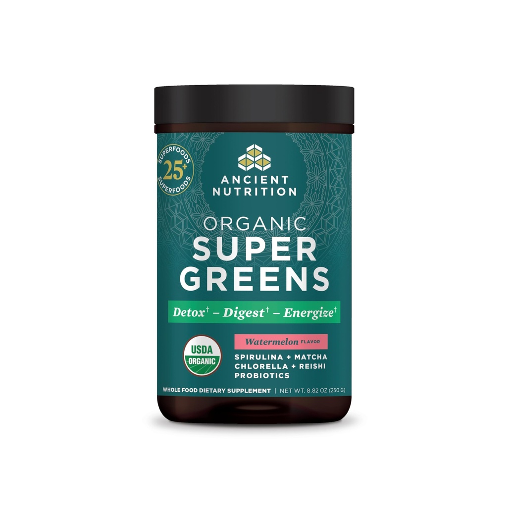 Ancient Nutrition SuperGreens Poudre avec Probiotiques, Bio Pastèque Saveur Verts, Fabriqué à partir de Fruits réels, Légumes et Herbes, pour le soutien digestif et énergétique, 25 portions, 8.82oz