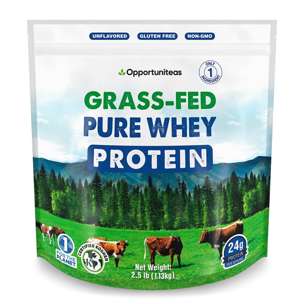Opportuniteas Grass Fed Whey Protein Powder Concentrate - 1 Ingredient - Pure Protein Supplement für Getränk, Smoothie, Shake, Kochen & Bäckchen - Non GMO, Hormon Free & Gluten Free - 2,5 lbs