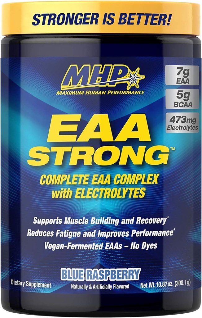 Performance humaine maximale Mhp Eaa fort, suppléments acides aminés, tous 9 acides aminés essentiels, Bcaas, électrolytes, framboise bleue, 1,2 livre