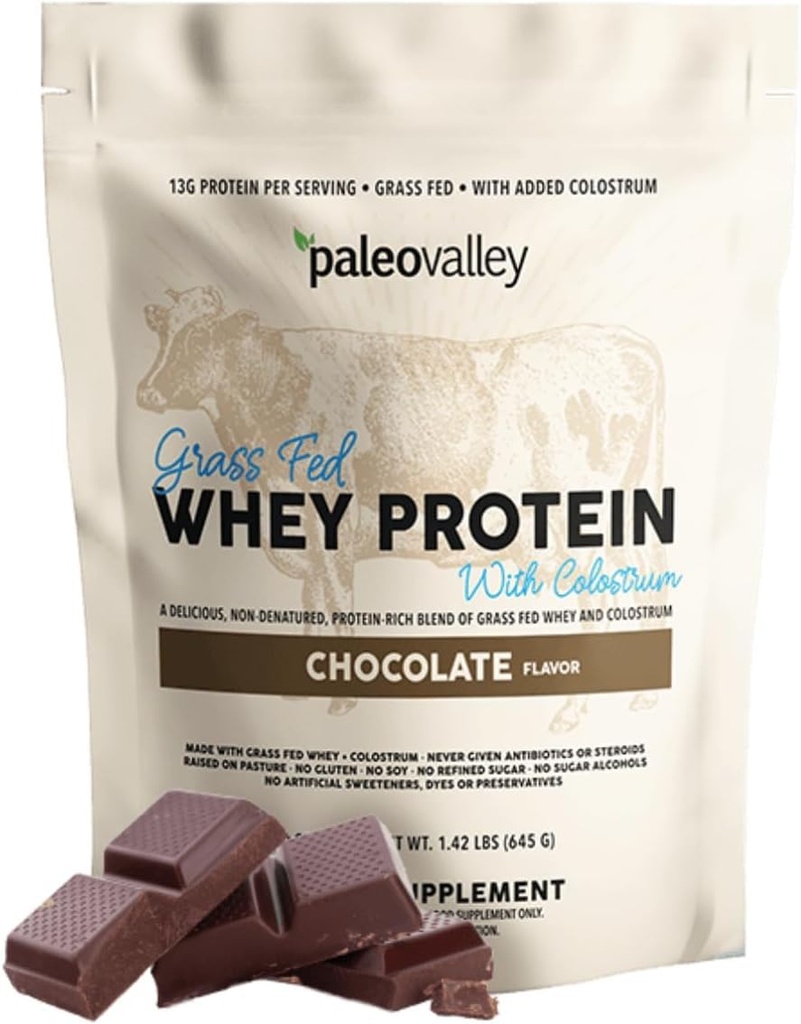 Paleovalley 100% Grassfed Whey Protein Pulver mit Colostrum, 13g Protein, Schokolade, Muskelaufbau, Immununterstützung, Gut Health