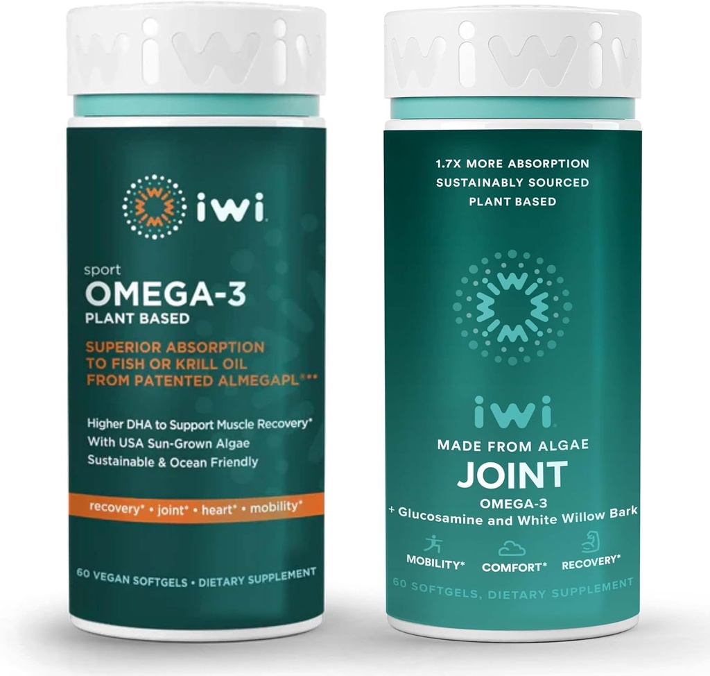 iwi Omega-3 Sport & Joint Omega-3 Bundle, 30 Servierungen, Vegan pflanzenbasierte Algen Omega 3, Krill & Fisch Öl Alternative, keine Fishy Nachgeschmack