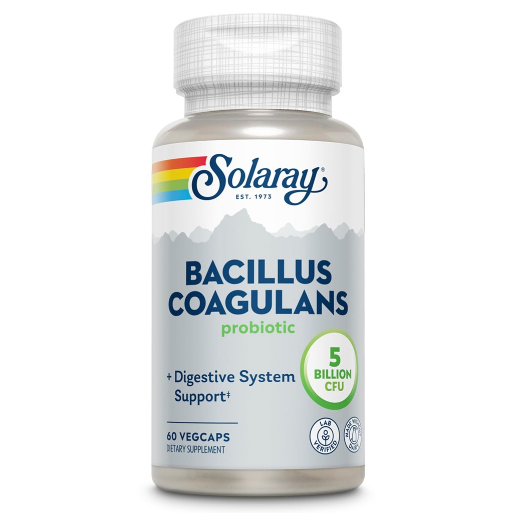 SOLARAY Bacillus Coagulans Probiotic - 5 Billion Live Microorganisms - Verdauungs- und Gutgesundheitsunterstützung - Full Body Health Probiotics mit Inulin Prebiotic Fiber, 60-Day Garantie, 30 Serv, 60 VegCaps