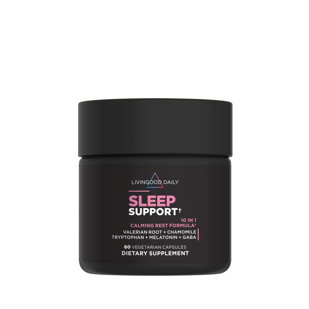 Livingood Daily Sleep Support Supplement, 10-in-1 Natürliche Schlafhilfe mit 5 MG Melatonin, Valerian Root, Kamille, Tryptophan & GABA für Männer und Frauen, Non Habit Forming, Glutenfrei, Vegan, 60 Kapseln